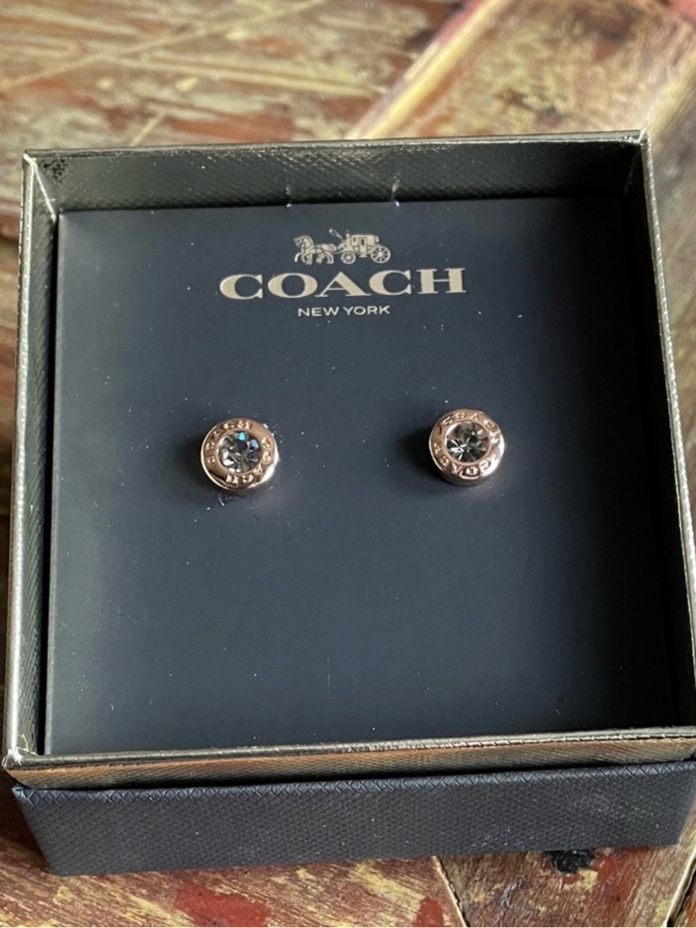 NWT COACH Rose Gold-Tone Earrings with Dark Crystal Centers